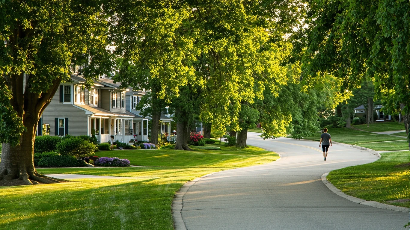 Tree-lined residential street in Plymouth, Minnesota with sidewalk curving out of view and glimpse of houses through foliage.