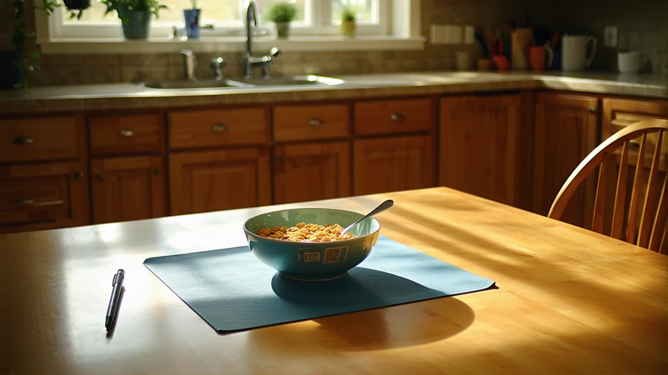 A kitchen table with a bowl of cereal, a check stub, and a pen on a blue placemat, illuminated by morning light.