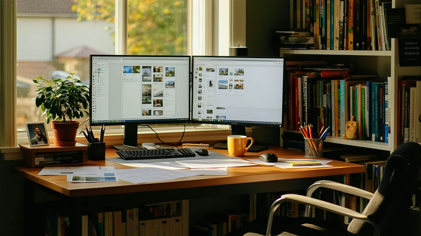 A home office desk with dual monitors, scattered papers, and a coffee mug, lit by warm sunlight from a nearby window.