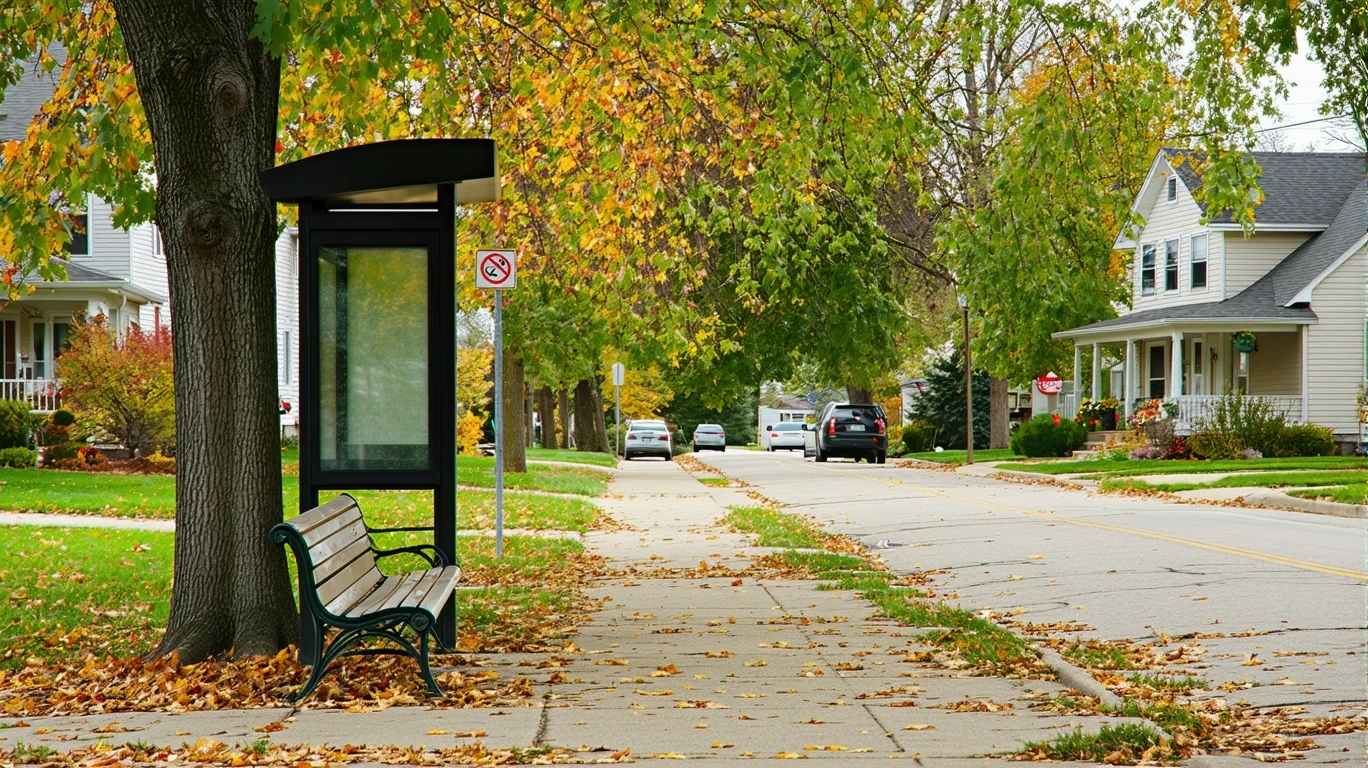 An empty wooden bench at a suburban bus stop, fallen autumn leaves on the sidewalk.