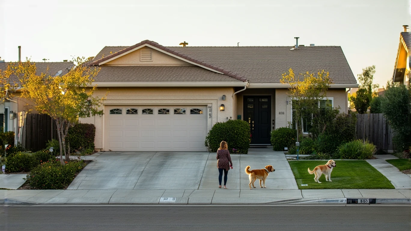 Suburban home with woman walking dog on sidewalk in Rancho Cucamonga, California