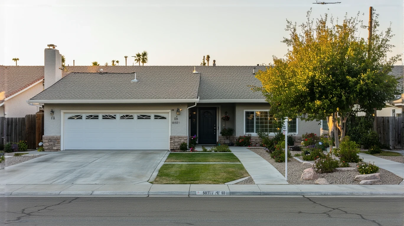 A suburban home in Rancho Cucamonga with a neighbor walking a dog on the sidewalk in front.