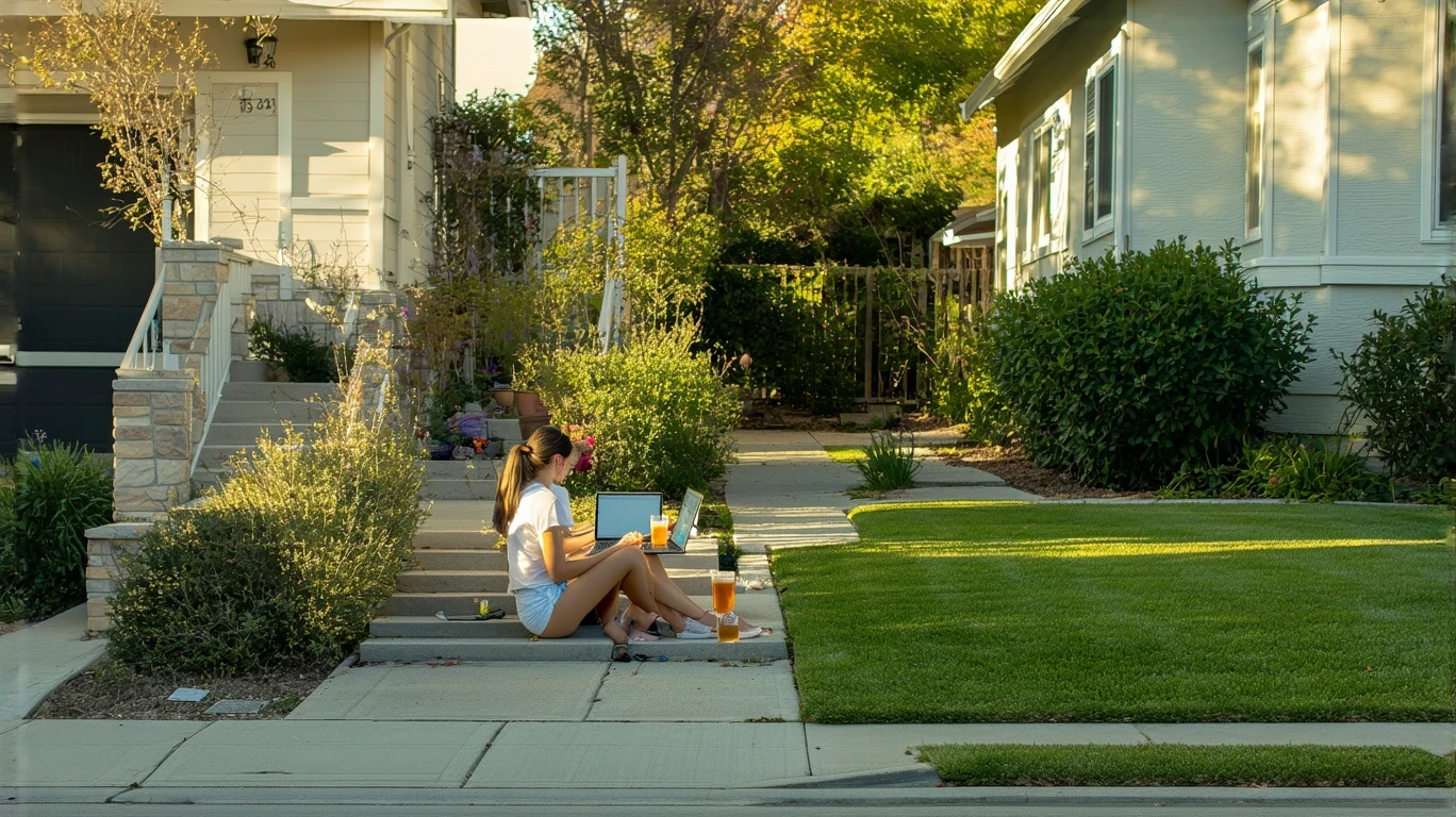 Woman using laptop while sitting on front steps of suburban home in Rancho Cucamonga, California