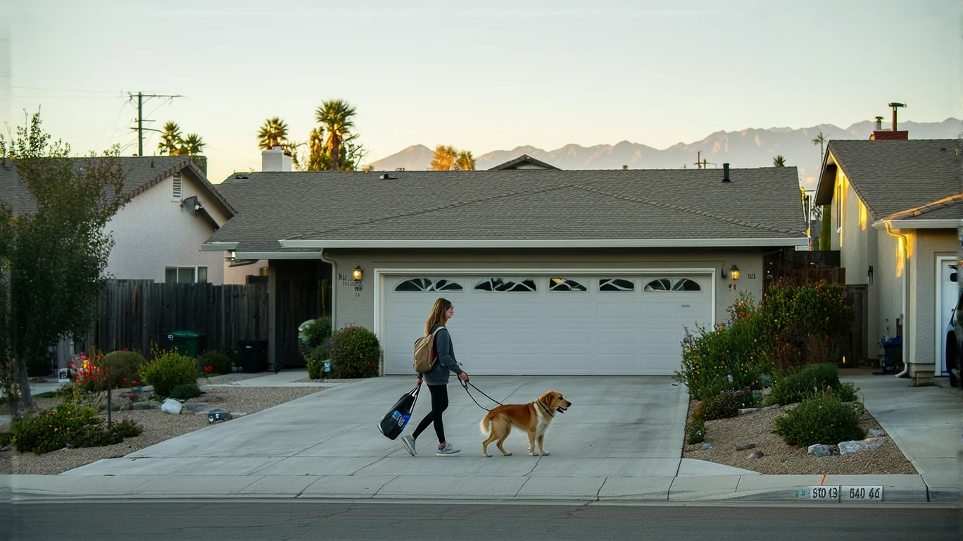 Exterior view of a modest single-family home in Rancho Cucamonga with a woman walking her dog on the sidewalk in front.