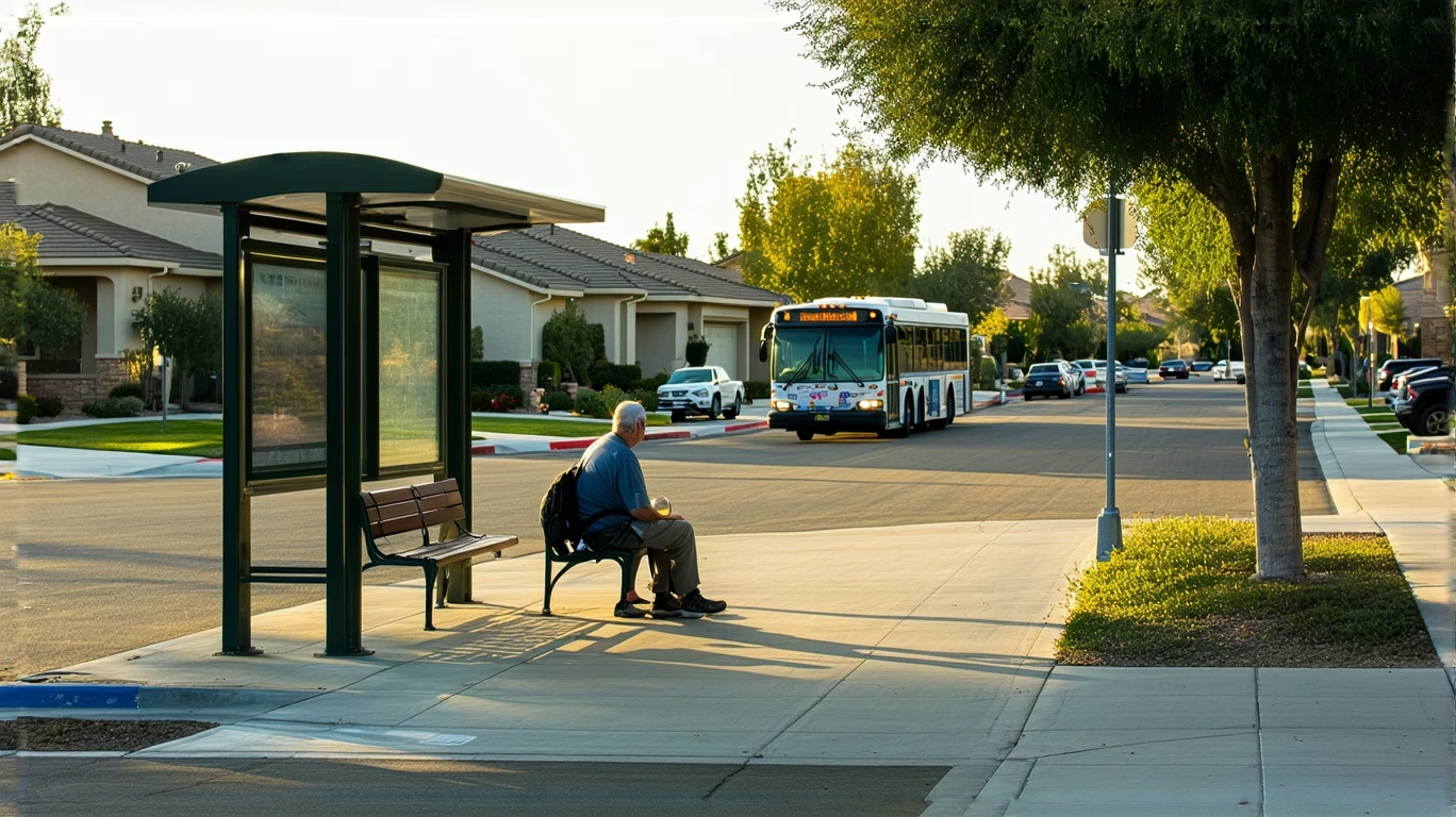 A man waits for an Omnitrans bus at a stop in a Rancho Cucamonga residential neighborhood on a sunny day.