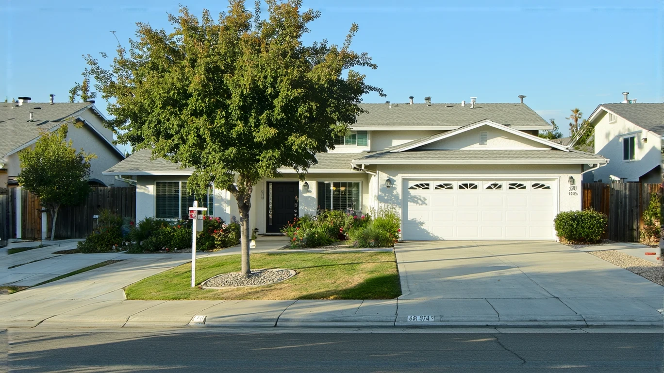 Exterior view of a modest single-family home with a small front yard and porch in Rancho Cucamonga, California on a sunny day