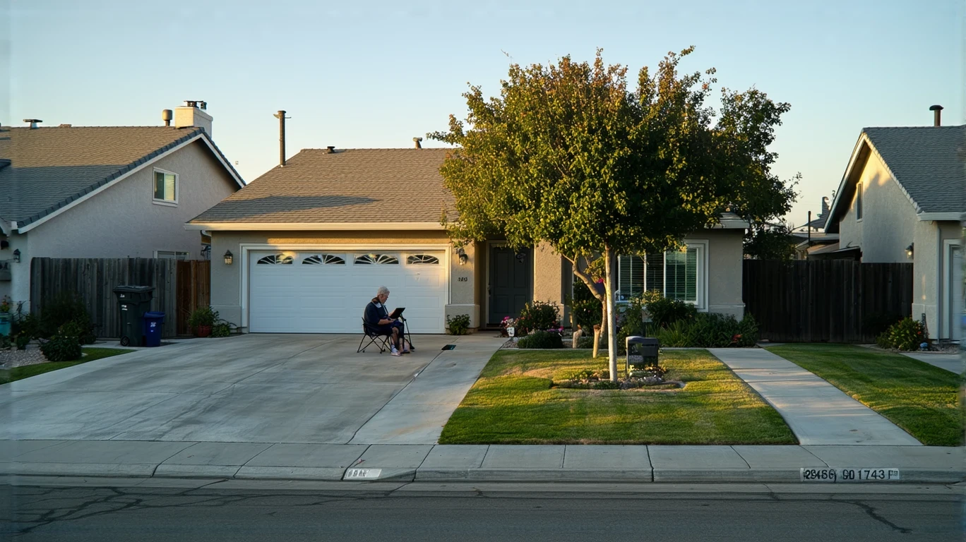 Modest ranch home with a person reading on the front porch and a car in the driveway.