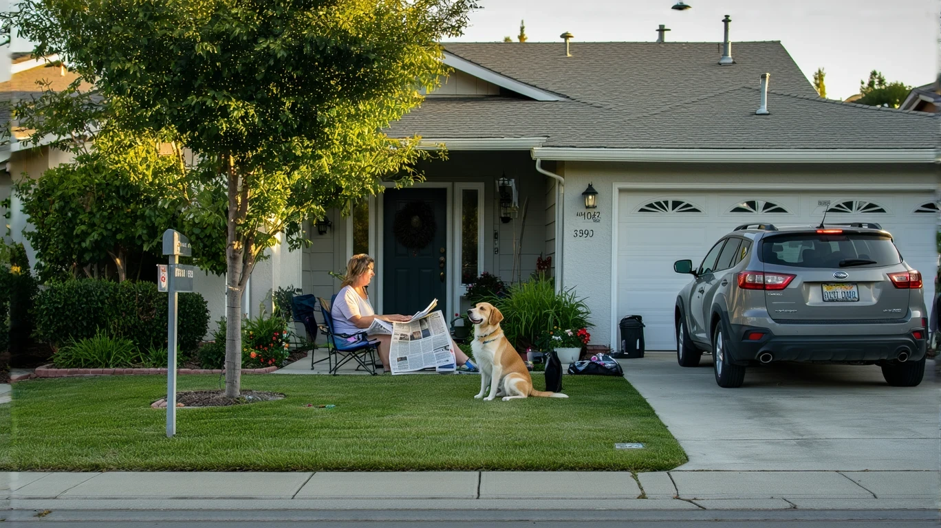 Woman sitting on porch of modest suburban home with dog, reading newspaper and drinking coffee