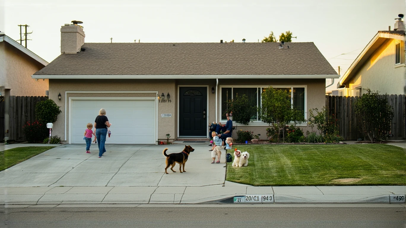 A person sitting on the front steps of a house chats with a neighbor walking a dog on the sidewalk.