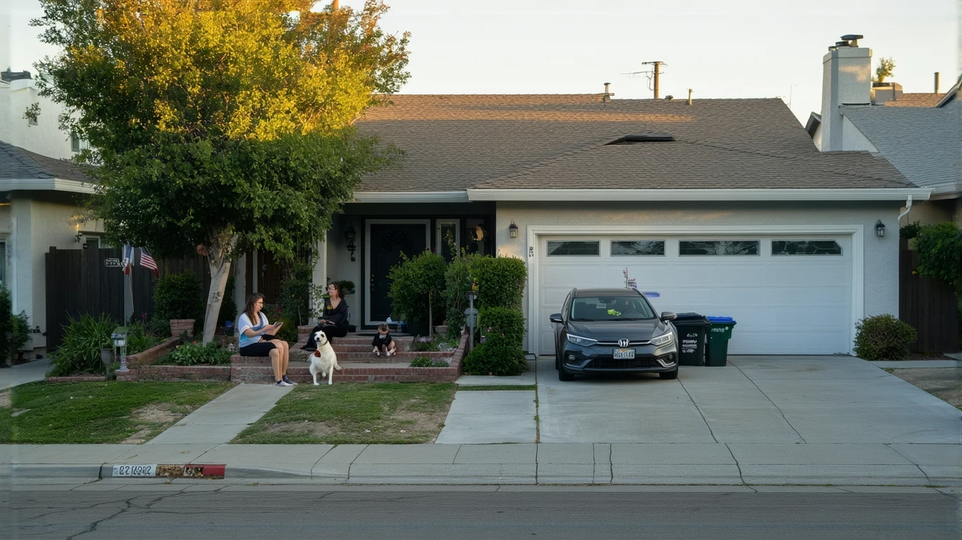 Woman sitting on porch of modest suburban home with SUV in driveway