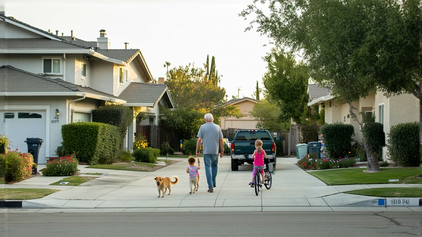 Man walking dog on sidewalk while girl rides bike in front of a suburban ranch home in Rancho Cucamonga, California.