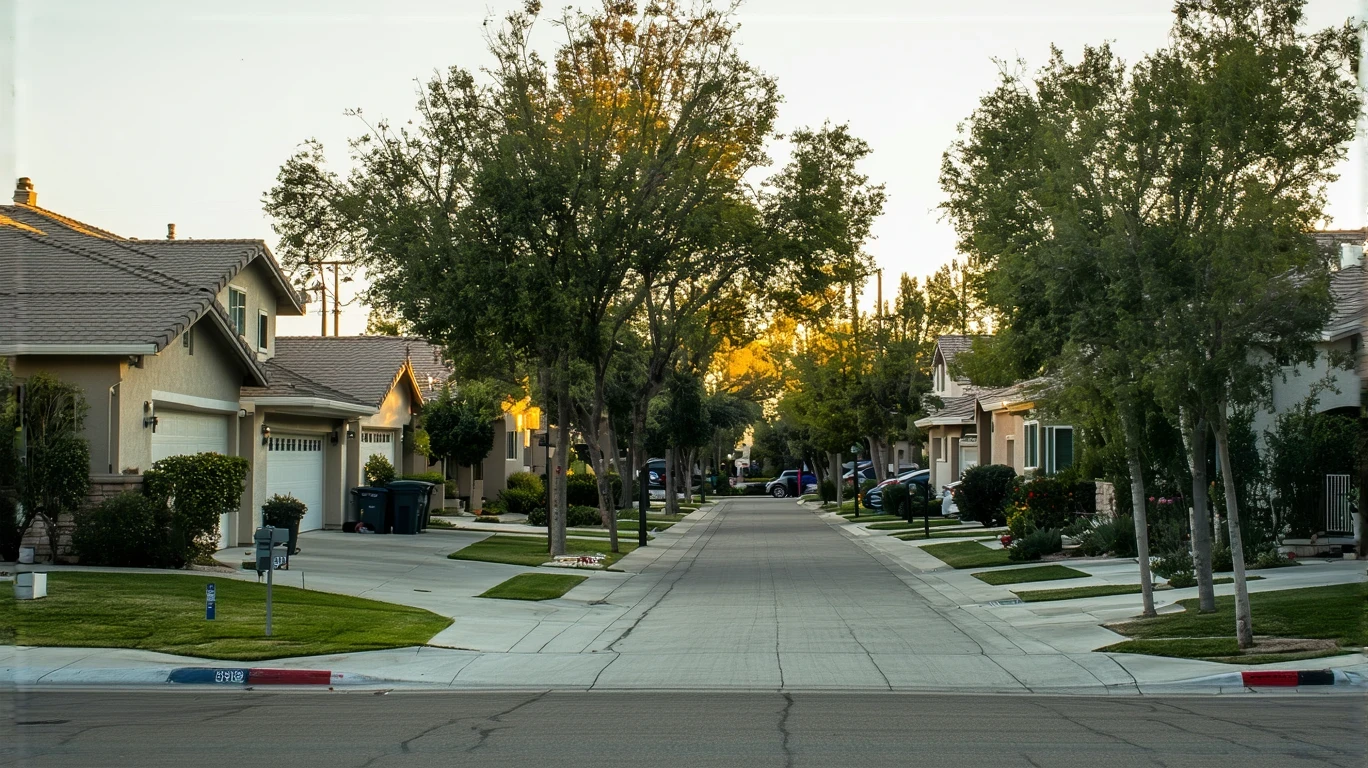 Residential street in Rancho Cucamonga with one-story homes and trees casting long shadows at sunrise.