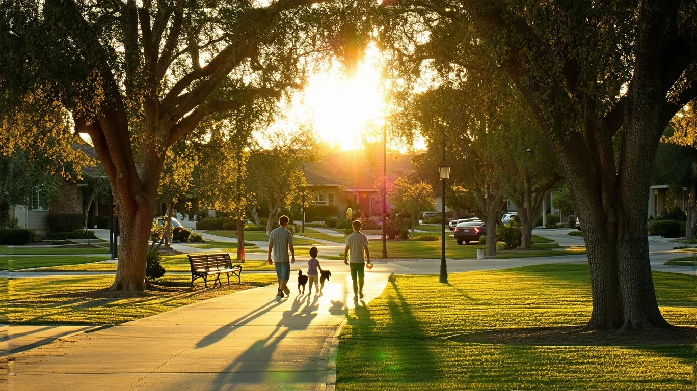 Father and daughter walk their dog through a park in Murrieta at sunset, with oak trees and empty benches.