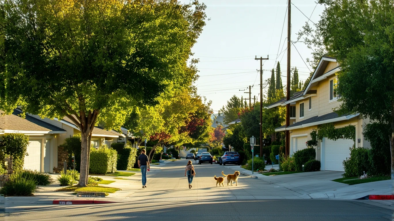 A woman walks her dog on a sunlit sidewalk in a suburban Rancho Cucamonga neighborhood.