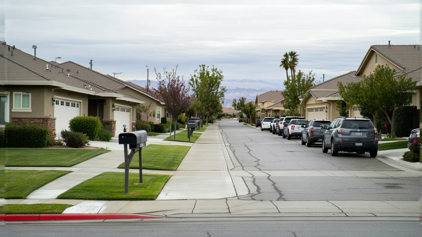 A curved sidewalk with mailboxes on a cloudy day in a San Bernardino neighborhood.