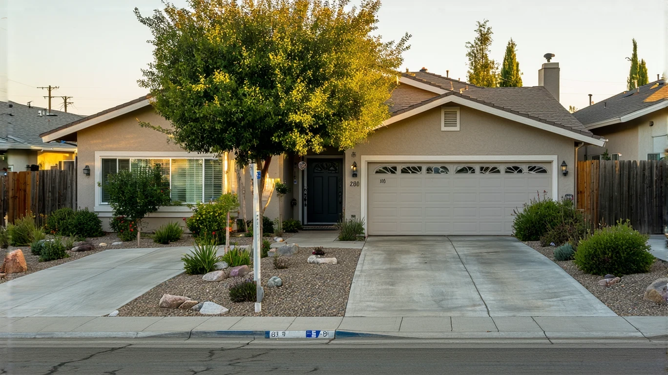 A beige Spanish-style home with a red tile roof and drought-tolerant front yard landscaping in Redlands, California.