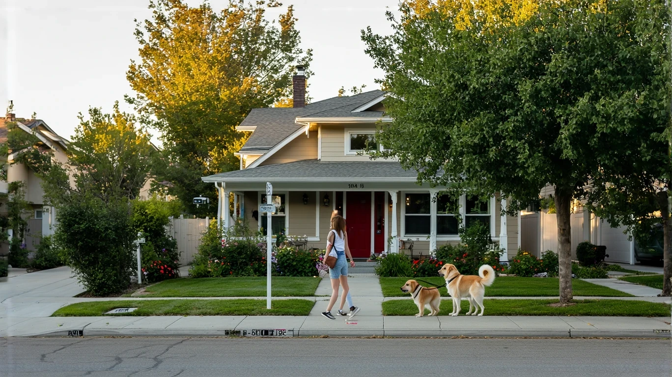 Suburban home with woman walking dog on sidewalk