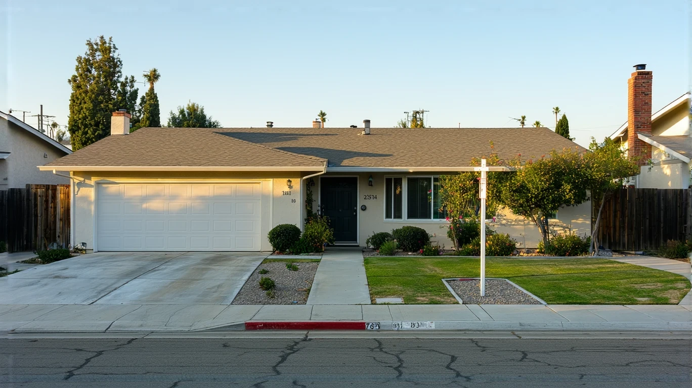 Exterior view of a modest single-story home with a small front yard in Redlands, California on a sunny day.