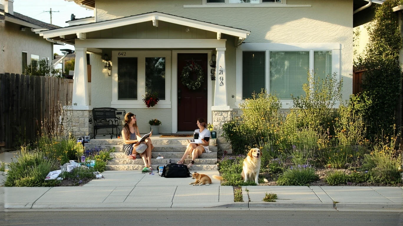 Woman sitting on porch of single-story house in Redlands, California with dog and garden.