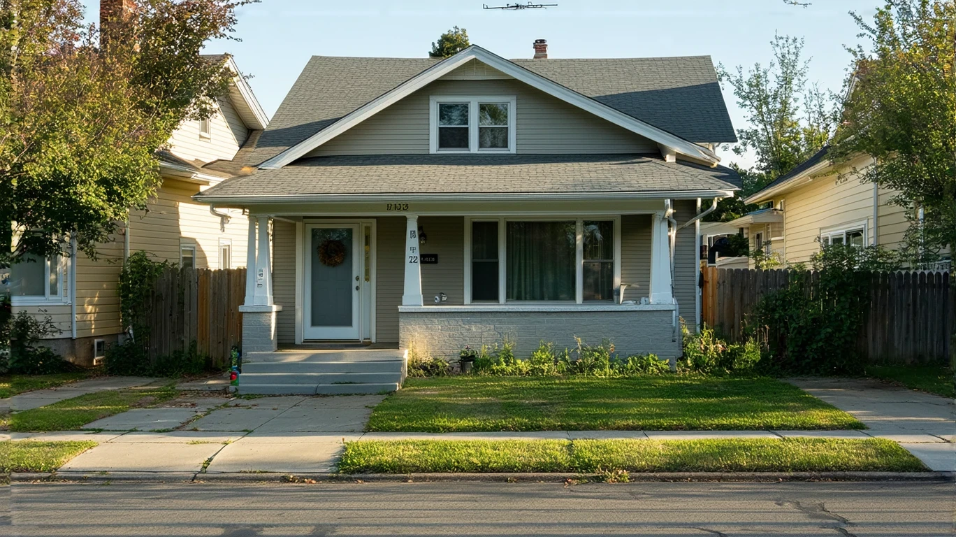Exterior view of a suburban home with a reusable grocery bag by the front door