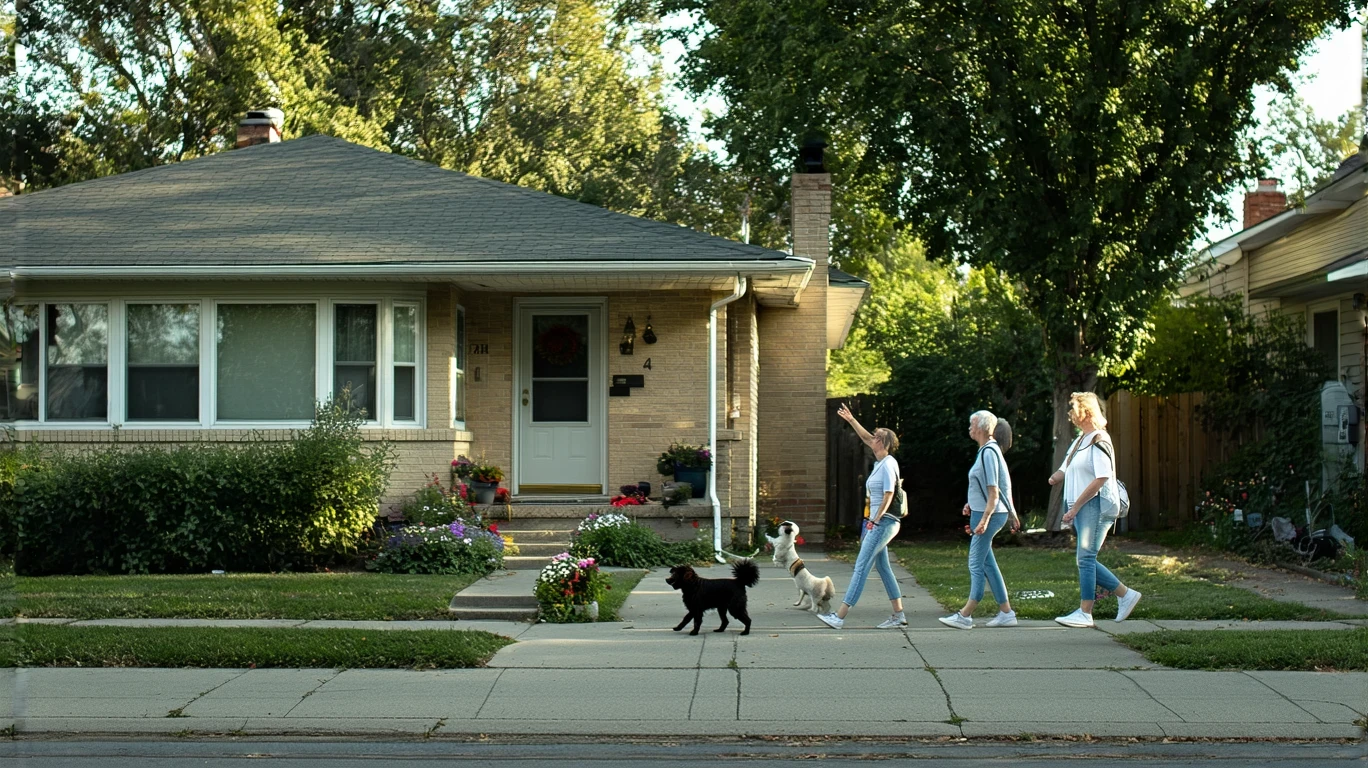 Suburban home with small front yard, woman walking dog on sidewalk