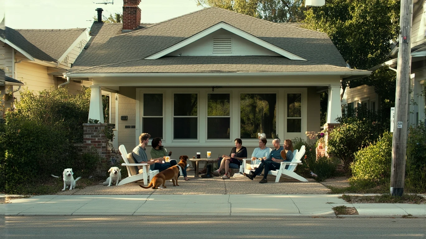 A young couple sits on the porch of a modest California home, chatting over coffee as their dog relaxes at their feet. Palm trees and warm afternoon light fill the yard.
