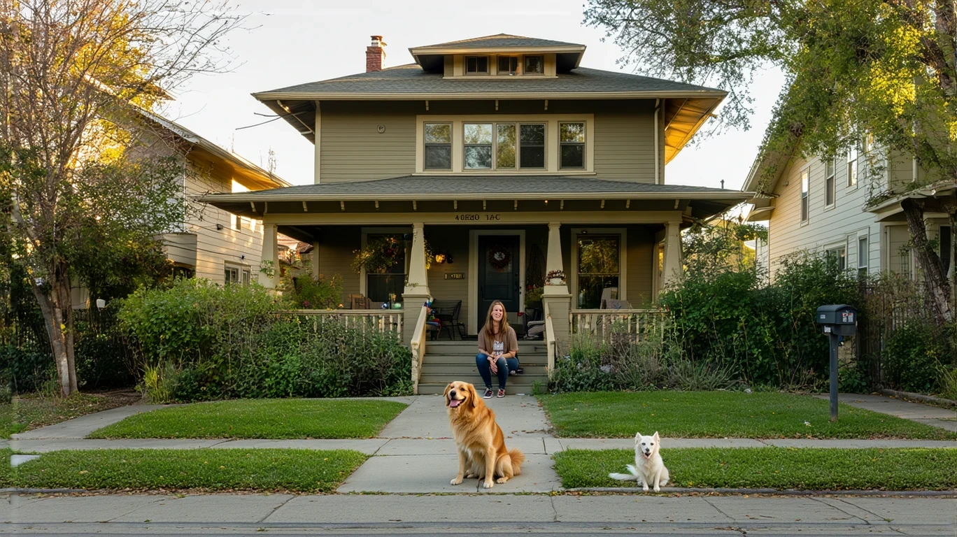 Woman sitting on porch with dog in front of Craftsman-style home