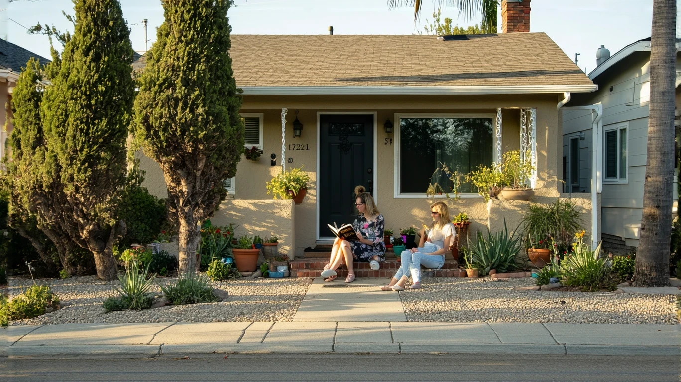 Woman reading a book on the front porch steps of a modest California bungalow with a small landscaped yard.