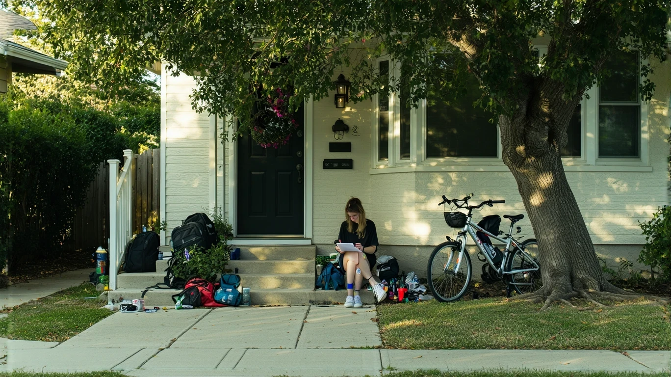 Woman sitting on front steps of a house next to a bicycle, looking at papers