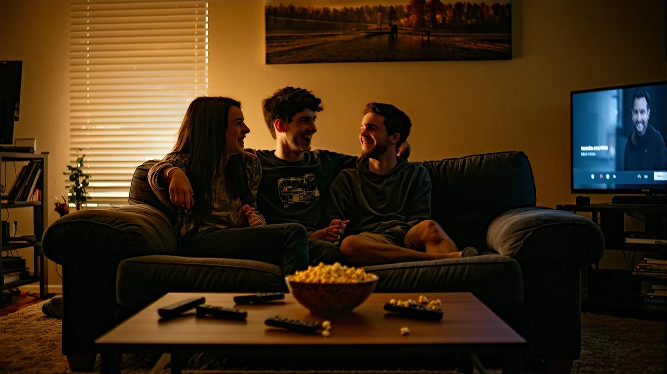 Two roommates laughing together on a couch in a dimly lit living room, with a TV paused in the background.