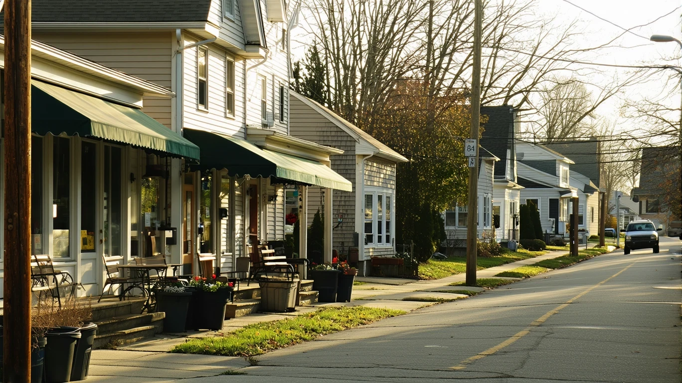 Residential street in Reynoldsburg, Ohio with small shops and homes in the late afternoon sun.