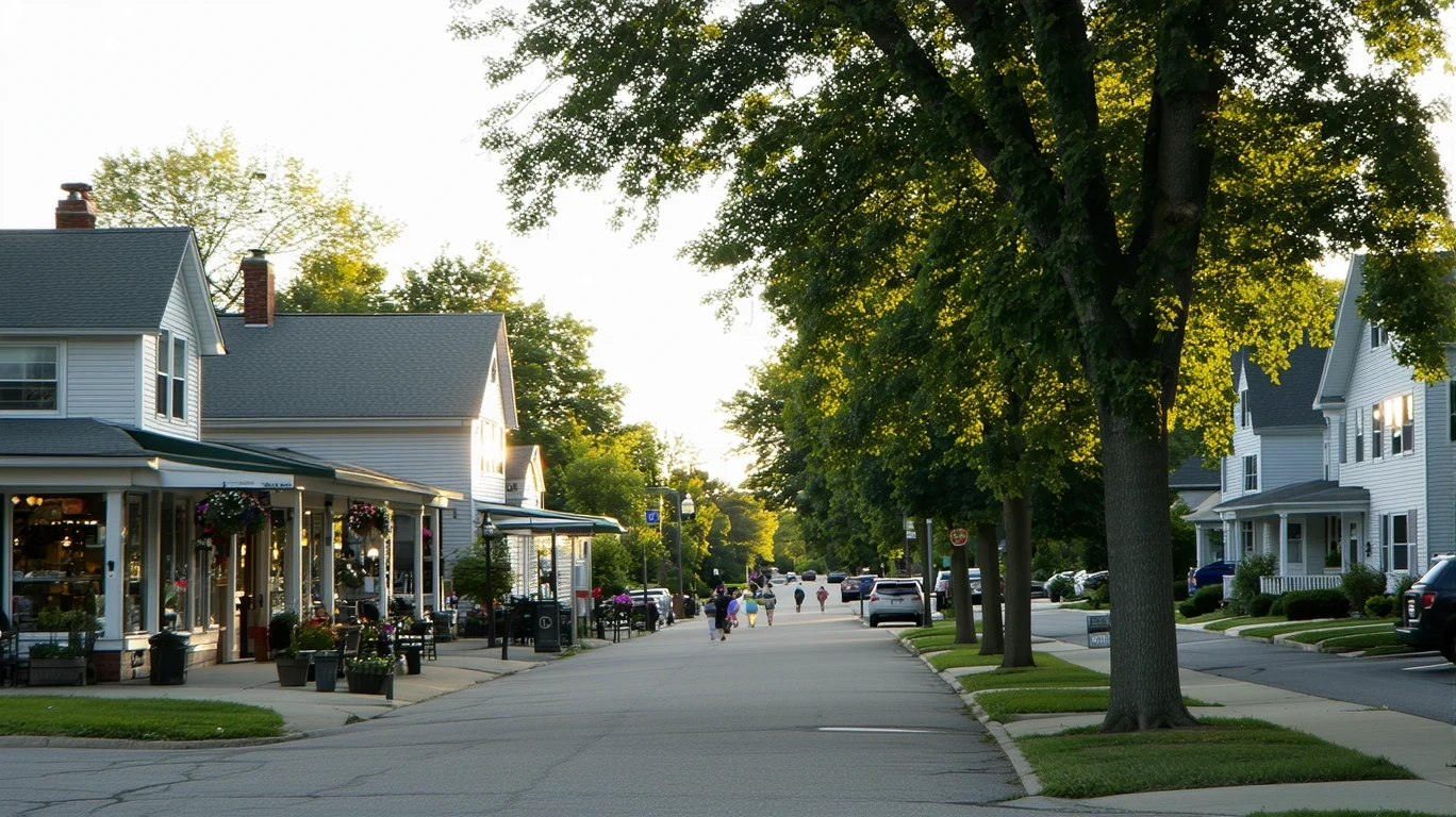 A quiet suburban street in Reynoldsburg, Ohio lined with small storefronts and homes at dusk.