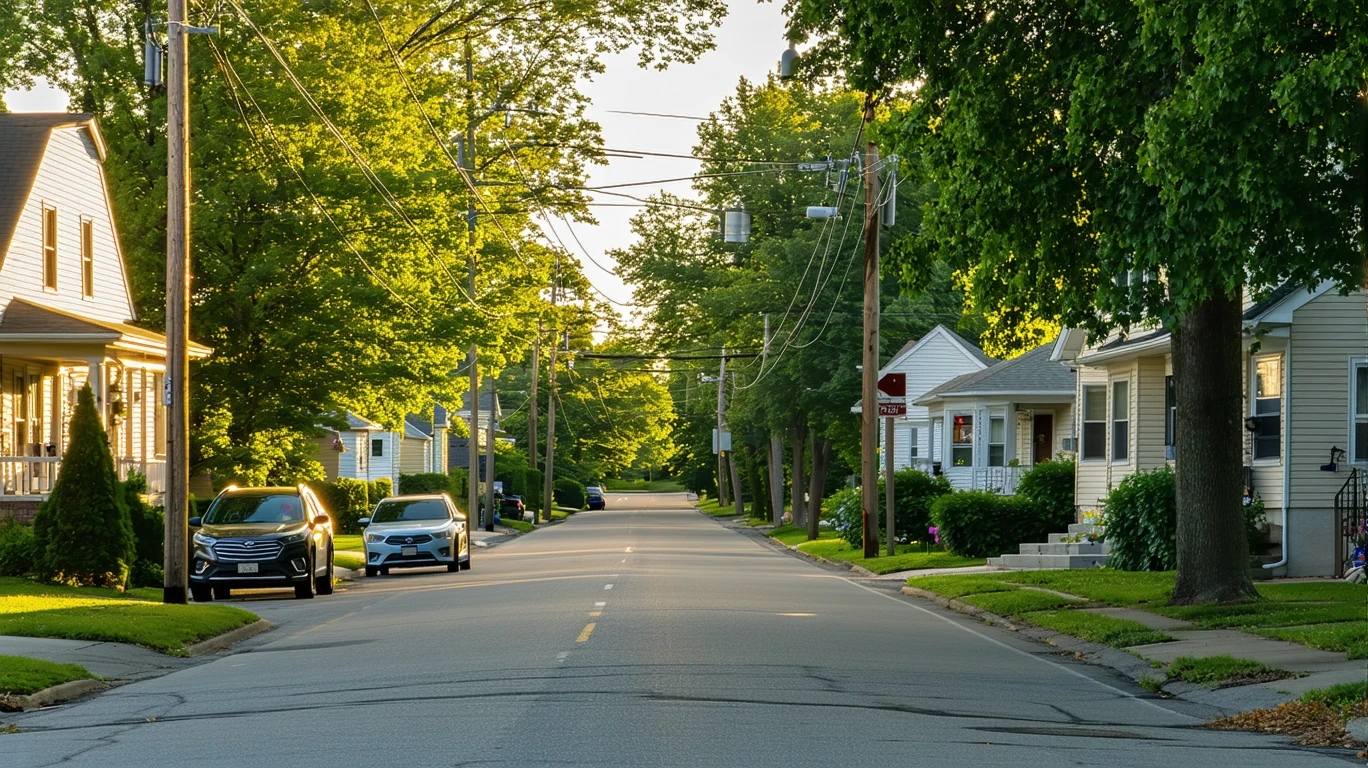 A sunlit residential street in Reynoldsburg, Ohio with maple trees and telephone wires overhead.