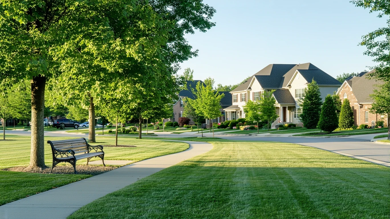 A view of a quiet neighborhood park in Reynoldsburg, Ohio on a sunny day, with an empty bench near a path and houses visible in the background.