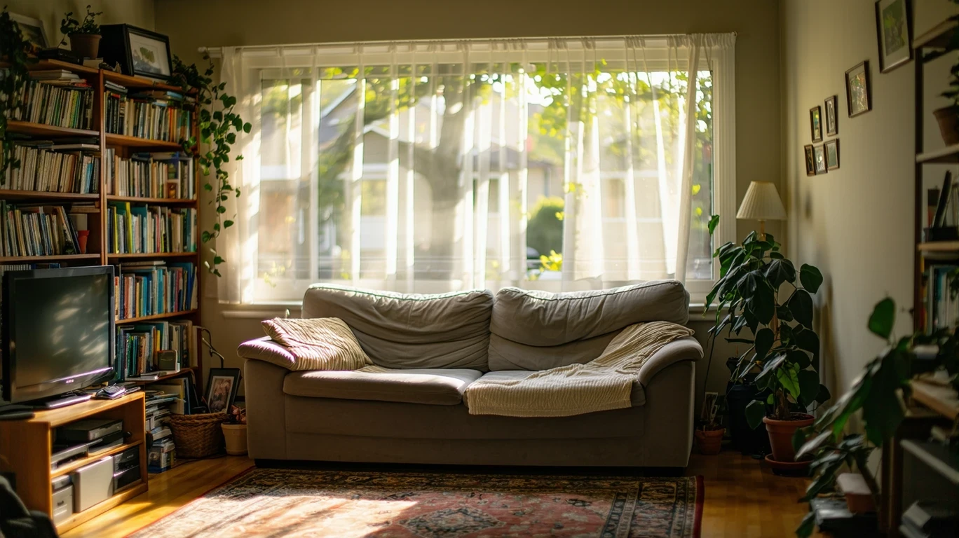 A small, sunlit living room with a couch, bookshelf, and sheer curtains in a suburban home.