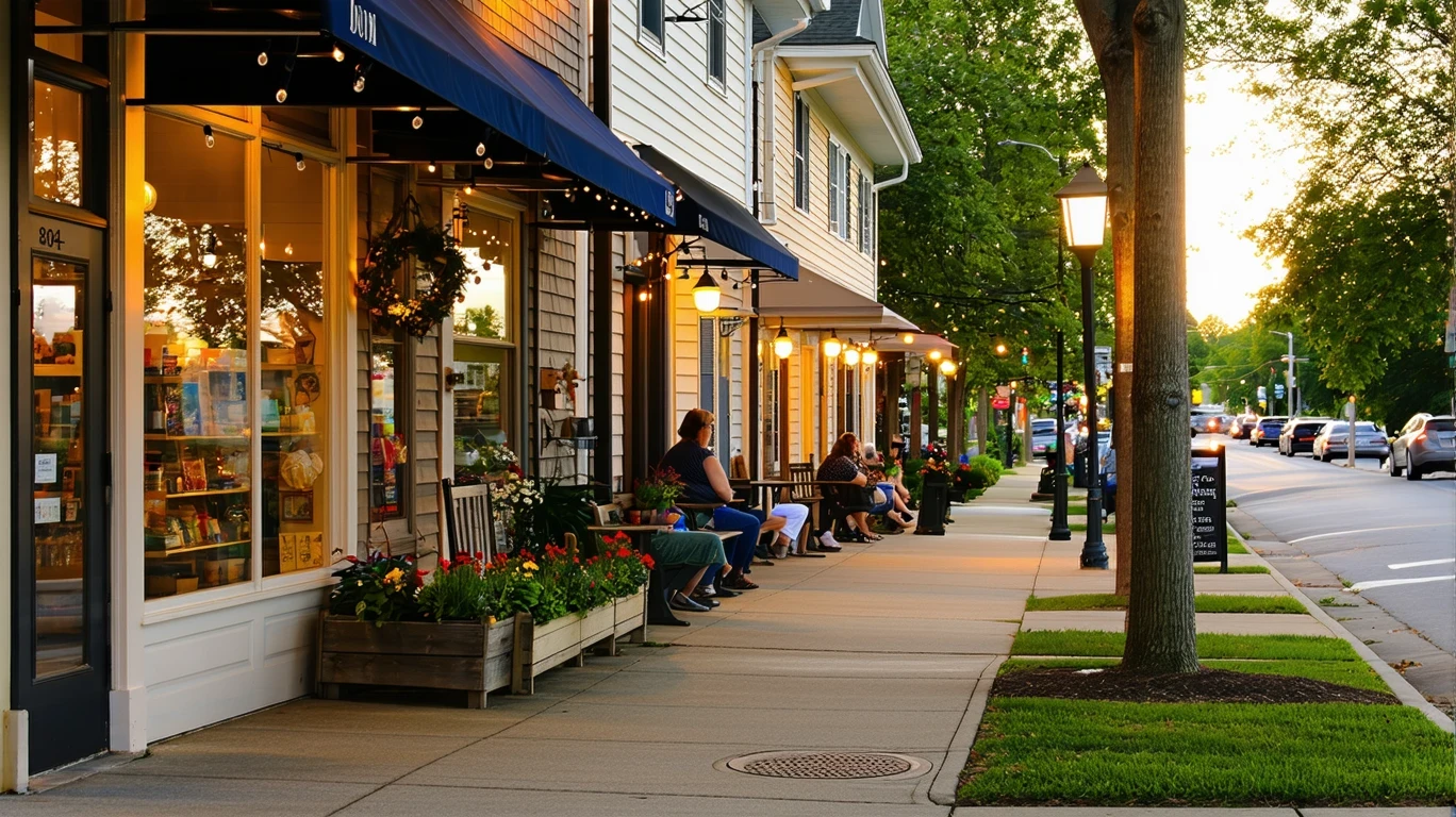 Quaint local shops line a sidewalk in a suburban downtown at dusk, with string lights and quiet patios.