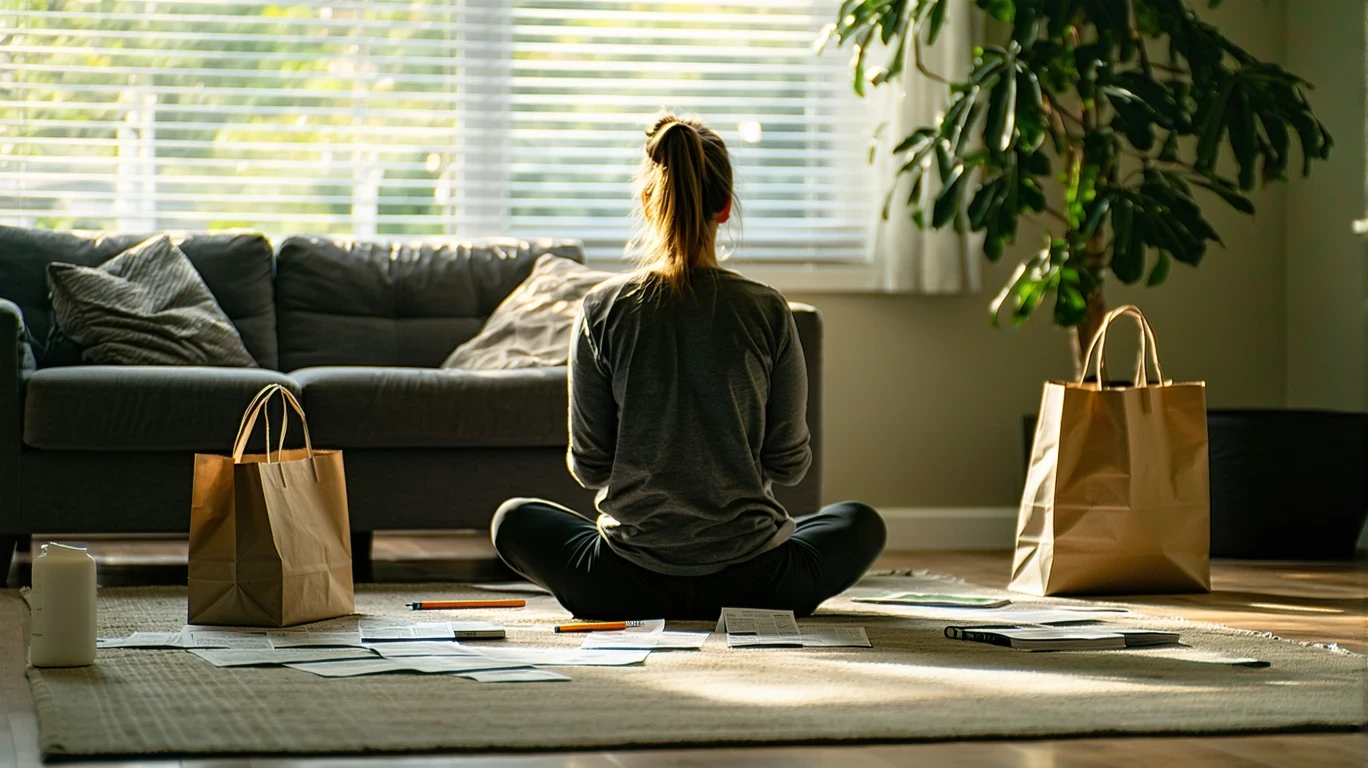 Person sitting on rug in living room looking at receipts and budget items.