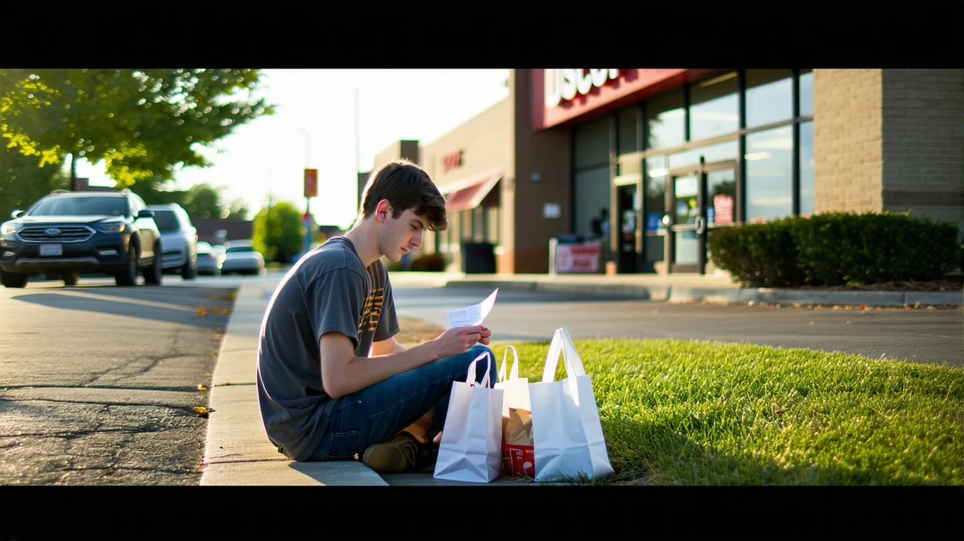 Young adult sitting on curb checking grocery receipt outside discount store in Reynoldsburg, Ohio suburb.