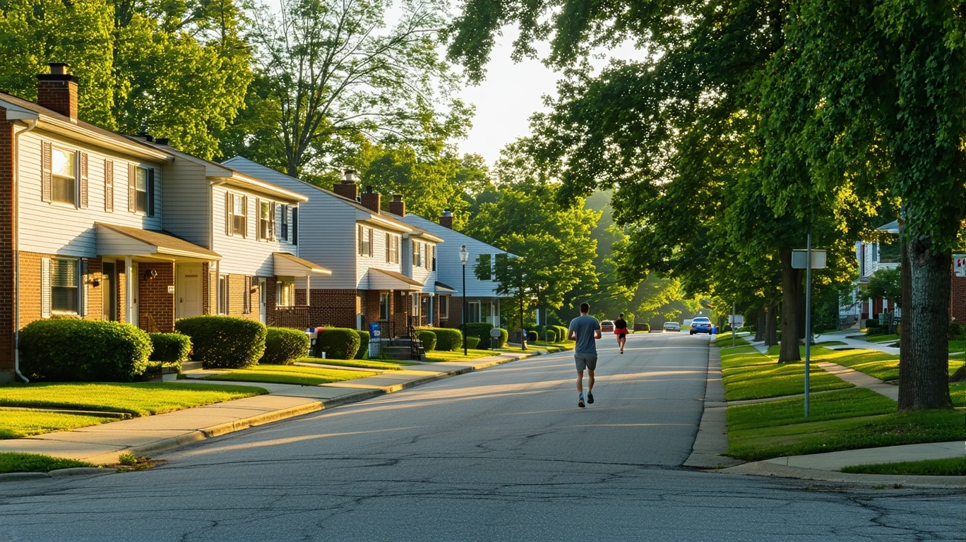 Suburban street in Reynoldsburg, Ohio with modest one-story homes and long shadows from trees stretching across the sidewalk early in the morning.