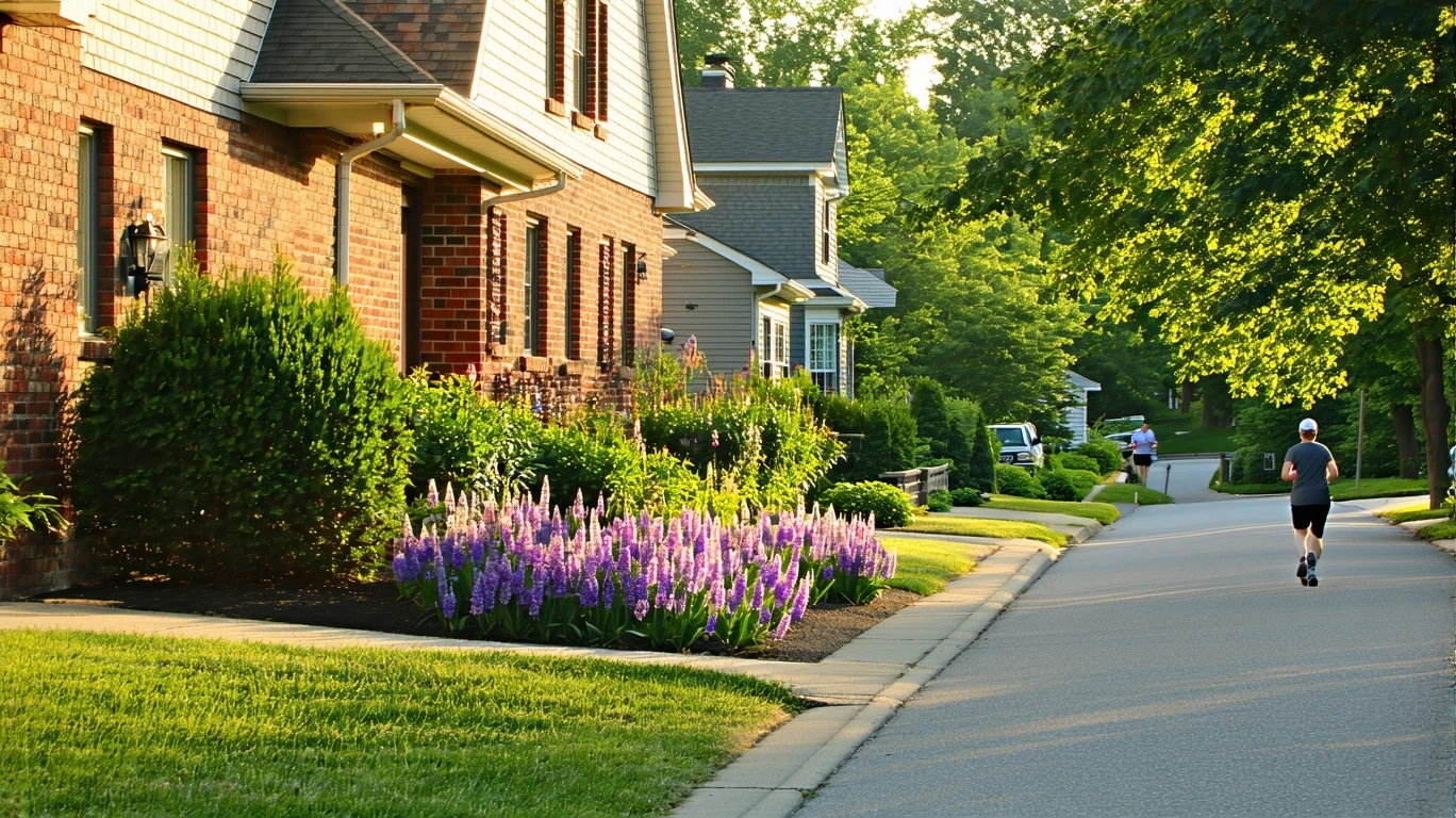 A tree-lined suburban cul-de-sac with well-kept homes and native plants along a brick wall.