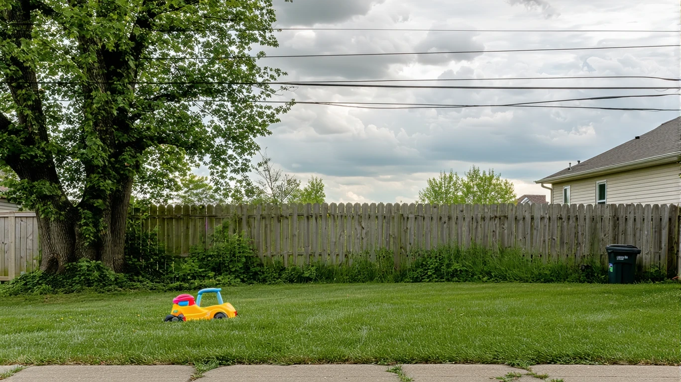 A view of a suburban backyard in Reynoldsburg, Ohio with an old wooden fence, power lines overhead, and storm clouds gathering.