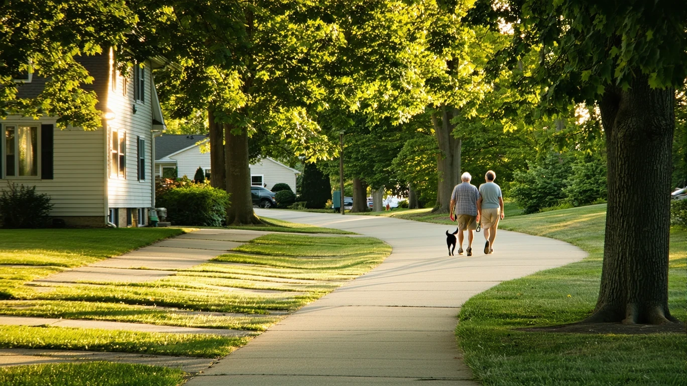 Sidewalk curving through tree-lined suburban street in Reynoldsburg, Ohio with homes visible through trees and a couple walking a dog.