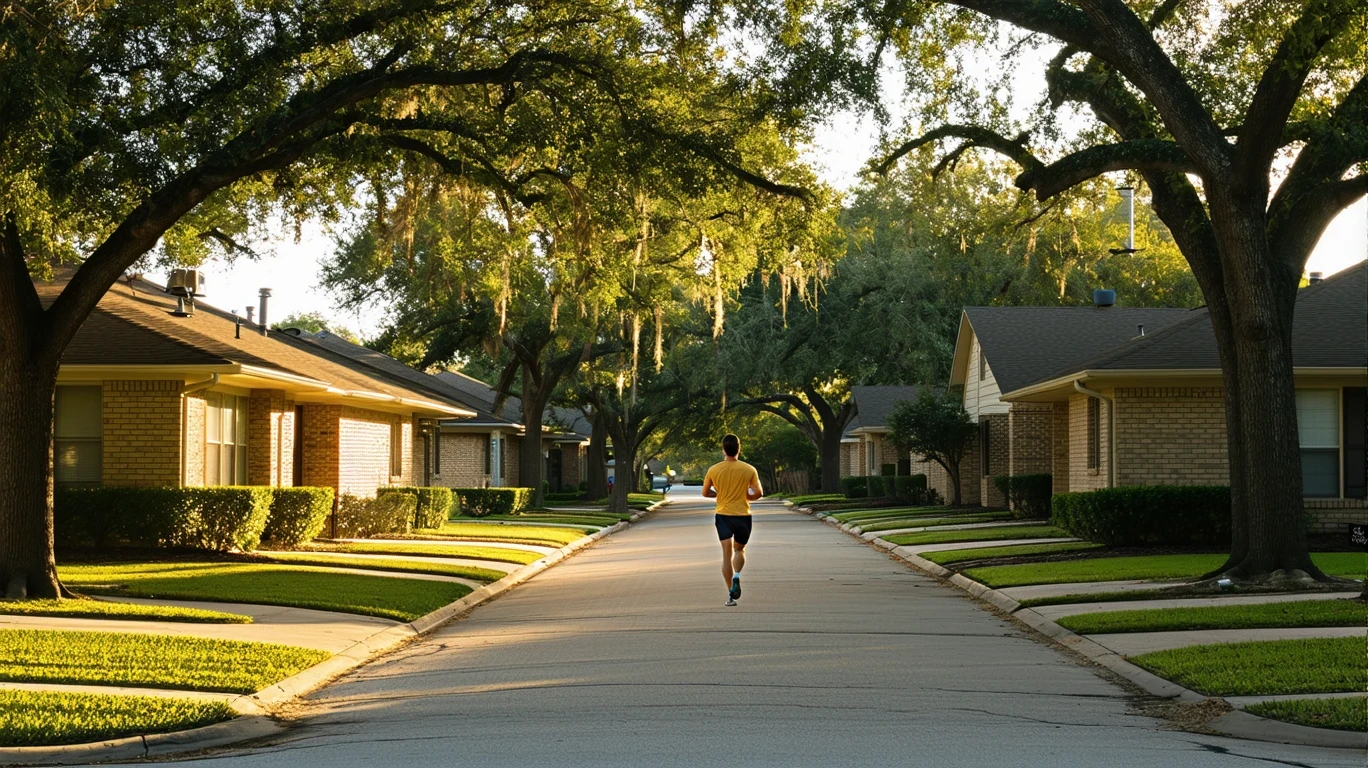 Suburban street in Richardson, Texas with one-story brick homes, oak trees casting long shadows, and a jogger on the sidewalk at sunrise.