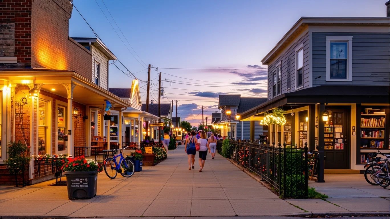 Neighborhood business district in Grand Prairie, Texas at dusk, with local storefronts, patio seating, a few pedestrians, and a parked bicycle.