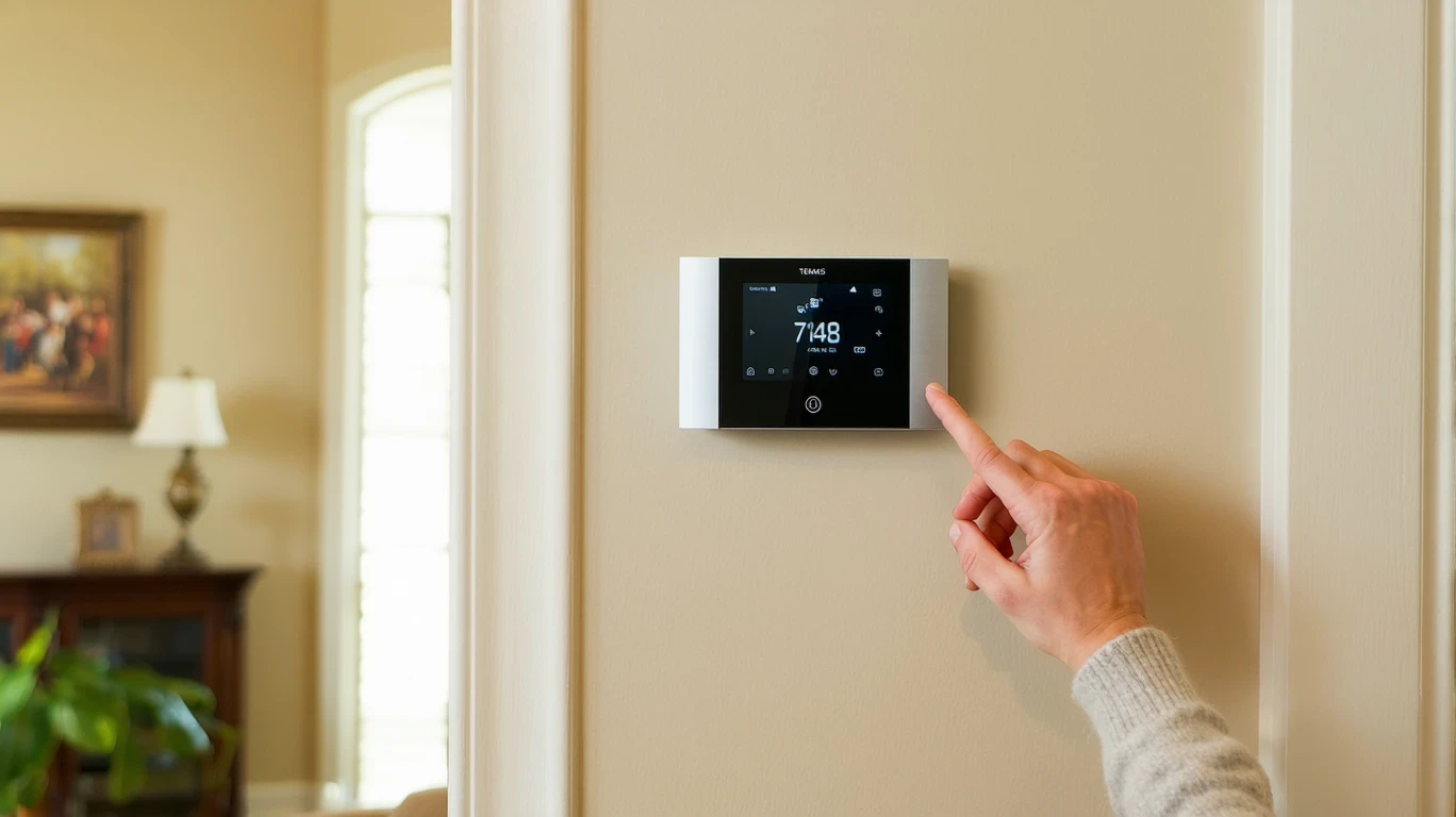 A hand adjusting the temperature on a smart thermostat mounted in a Richardson home hallway.