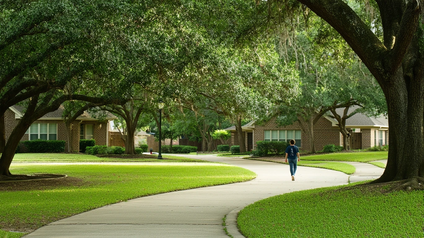 A curving sidewalk under tall trees in a tidy Richardson, Texas neighborhood, with houses visible through the leaves.