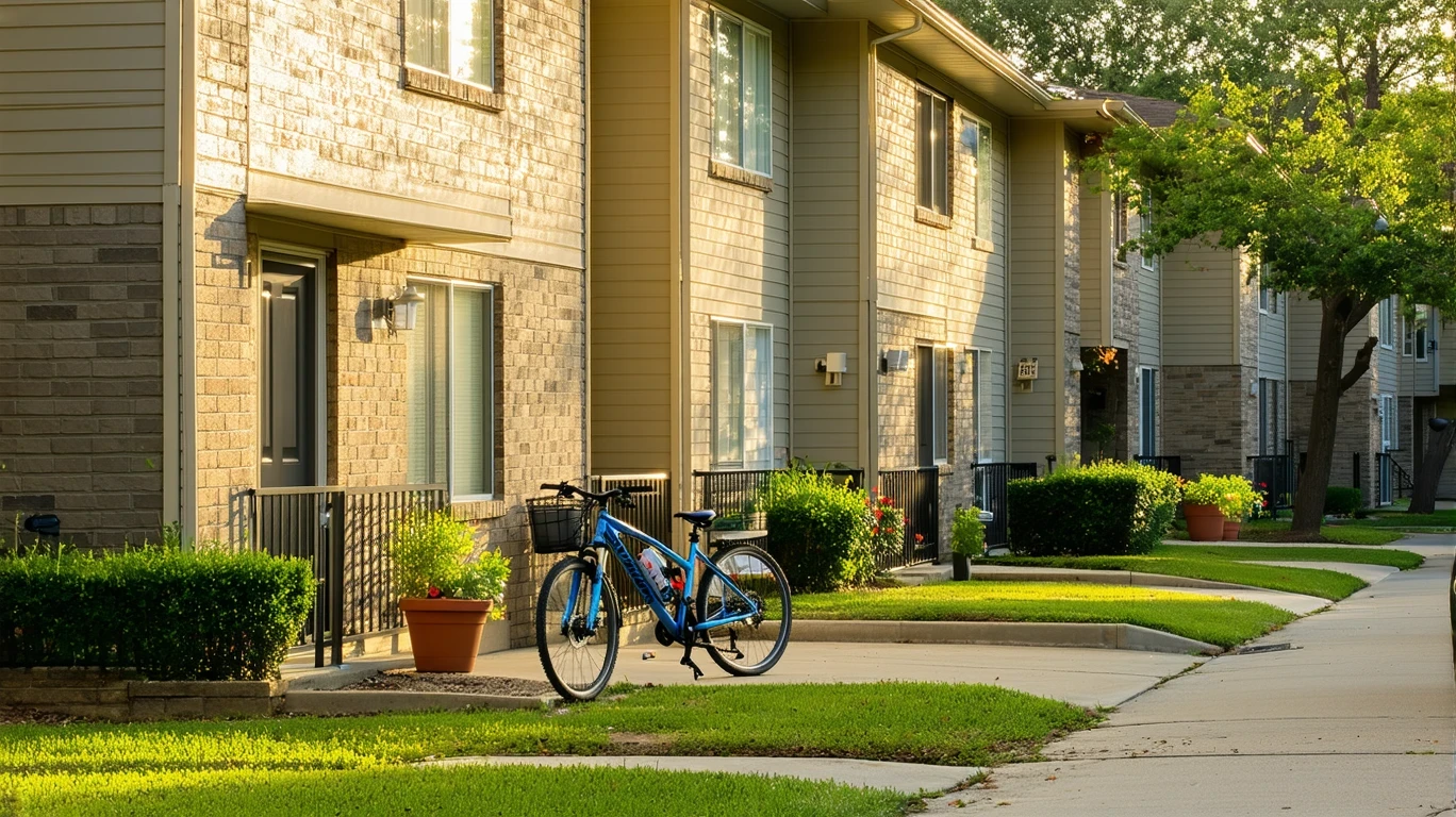 A small apartment building in Richardson, Texas with bicycles resting against the railing and potted plants by the doors.