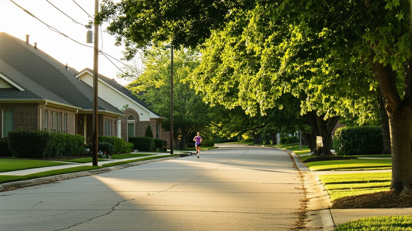 A sunlit residential street in Richardson, Texas with maple trees, sidewalks, and single-story brick homes.