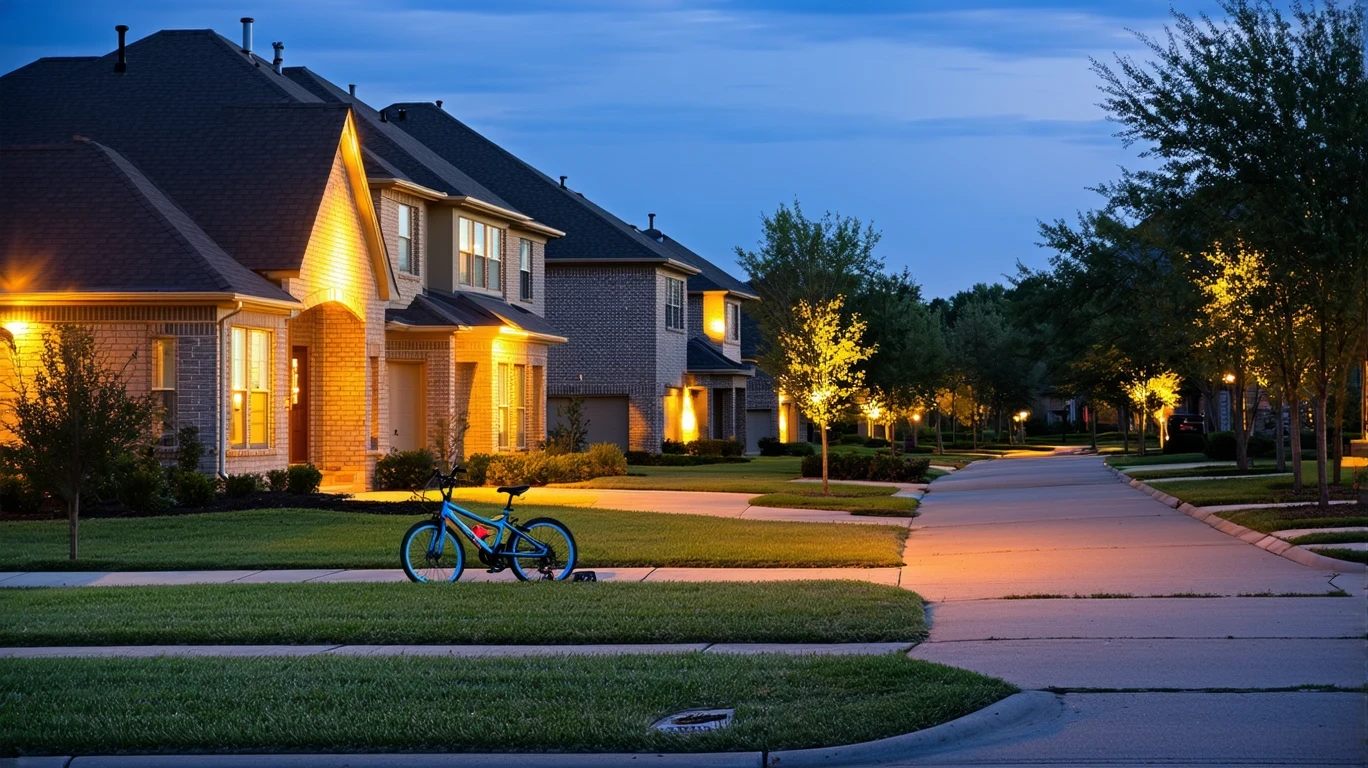 A Frisco cul-de-sac at dusk with large two-story homes, porch lights, and a child's bicycle on the curb.