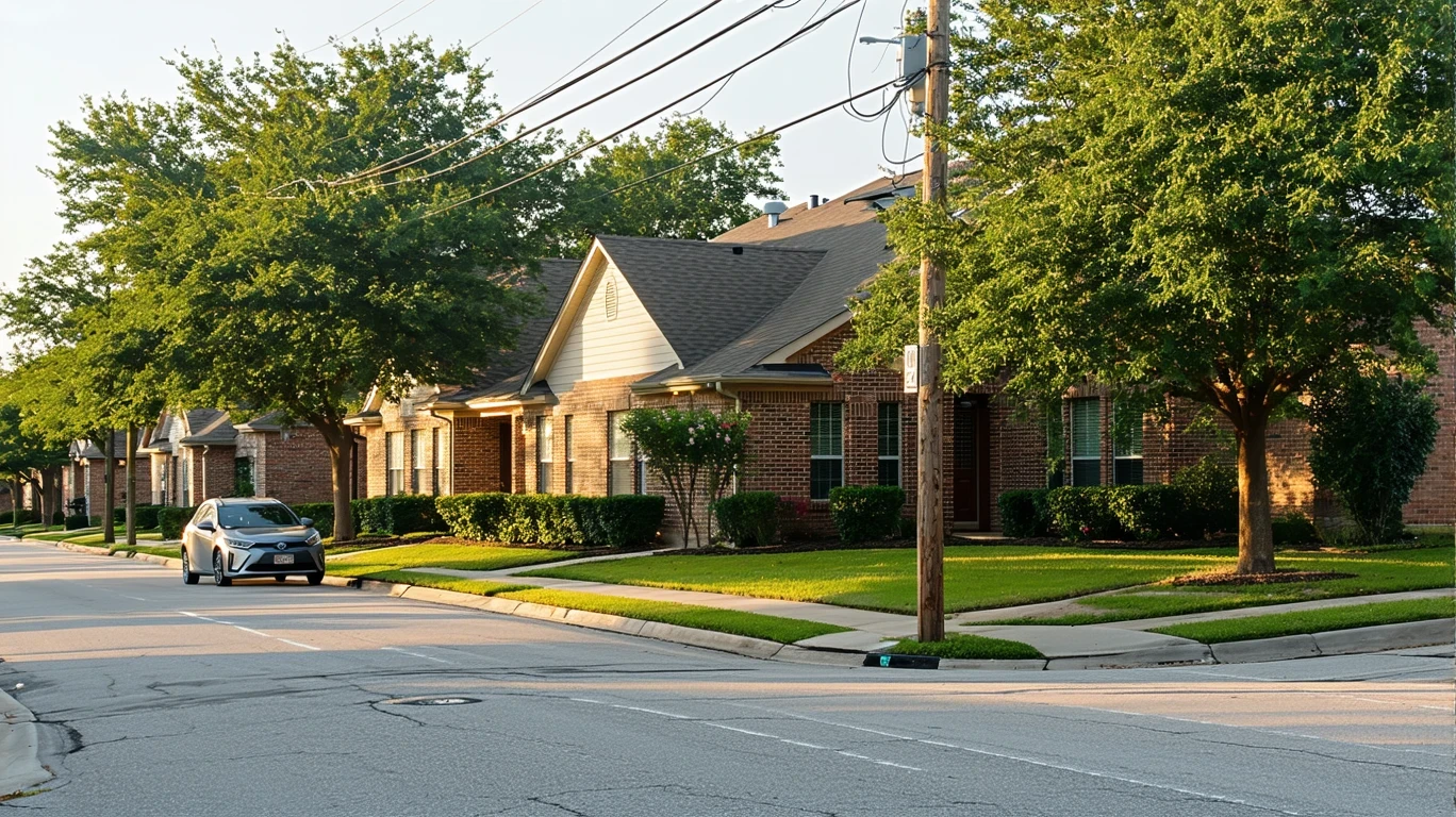 A residential street corner in Richardson, Texas with modest single-family homes, patchy lawns, and an older sedan parked on the curb.